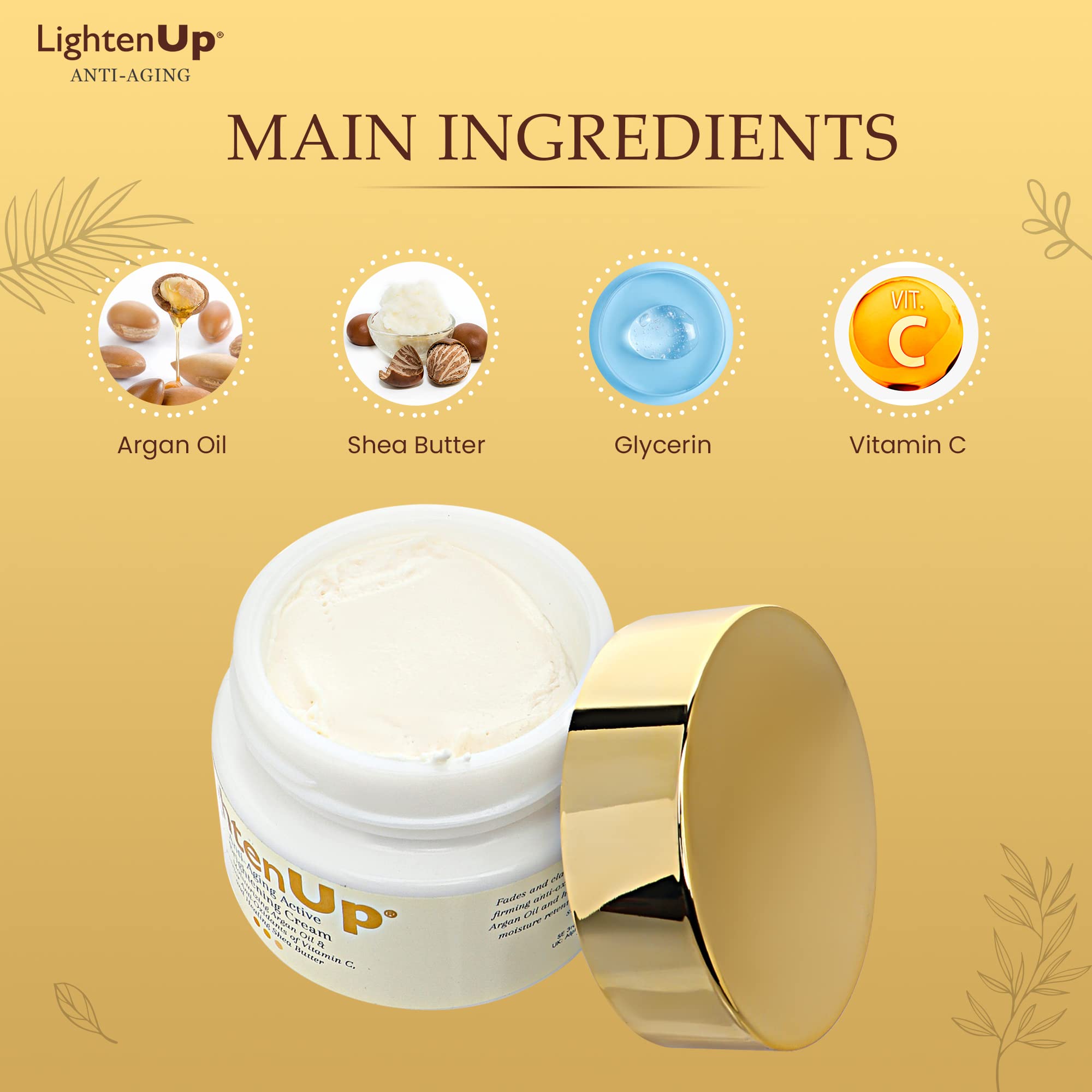 OMIC Lighten-Up ingredients display with argan oil and shea butter benefits