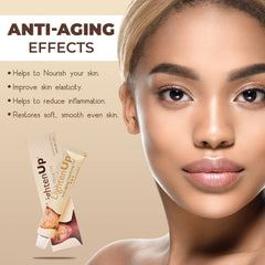 OMIC Lighten-Up ingredients label close-up, brand highlighting alpha arbutin and argan oil