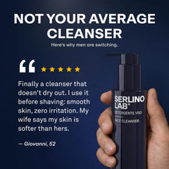 Omnis Uomo next to hand for scale showing compact 100 ml travel-friendly size