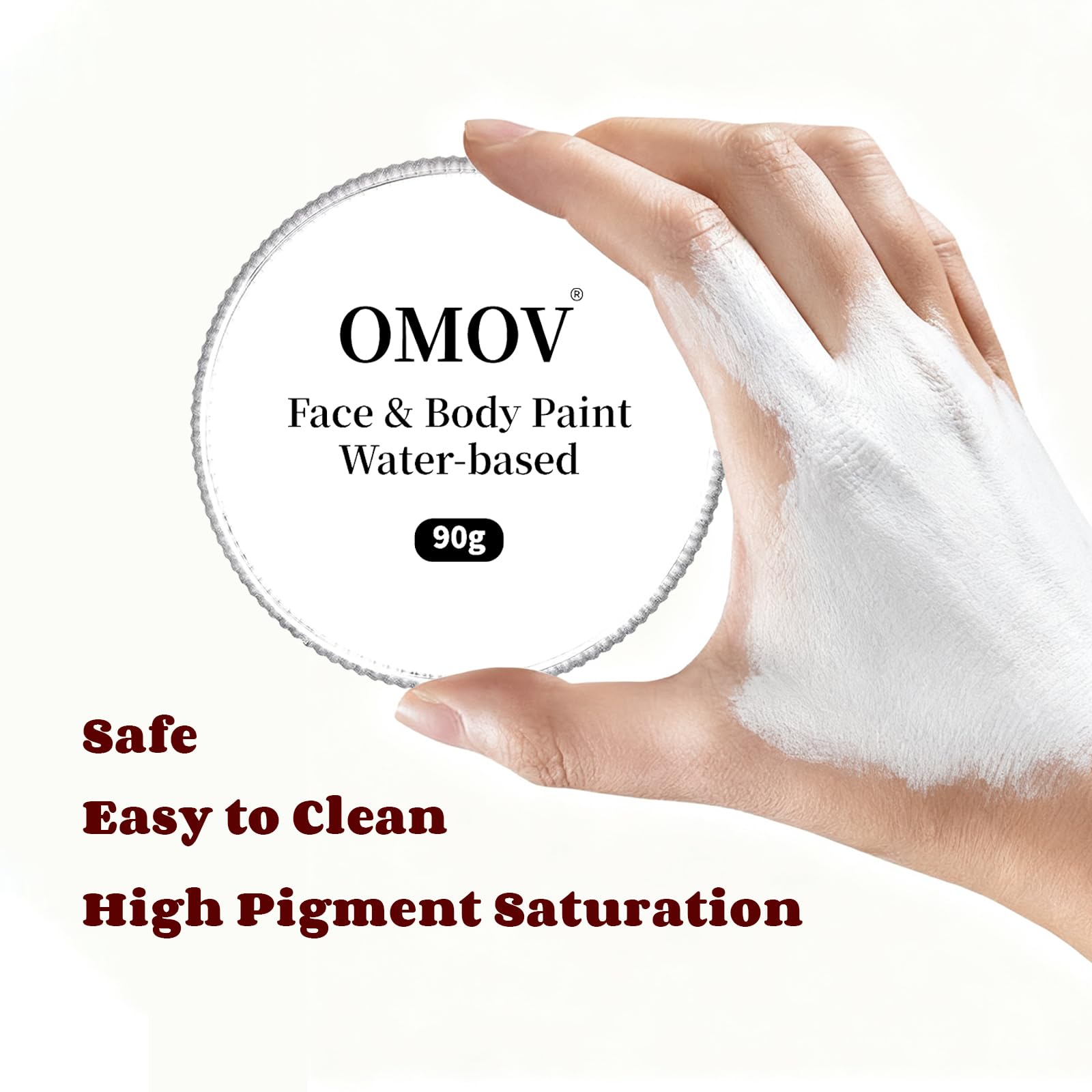 OMOV white face paint applied with sponge for quick, even base coverage benefit
