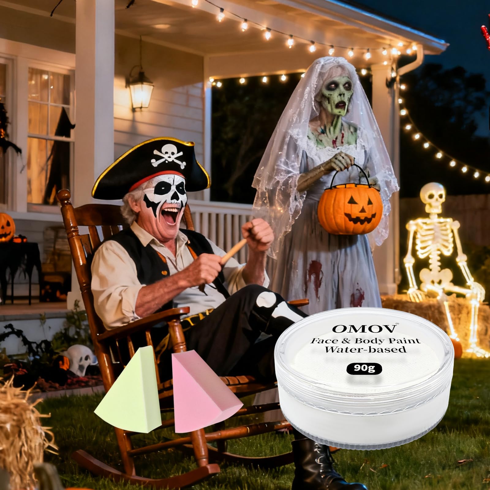 OMOV white face paint held in hand to show 90g pan size and application ease