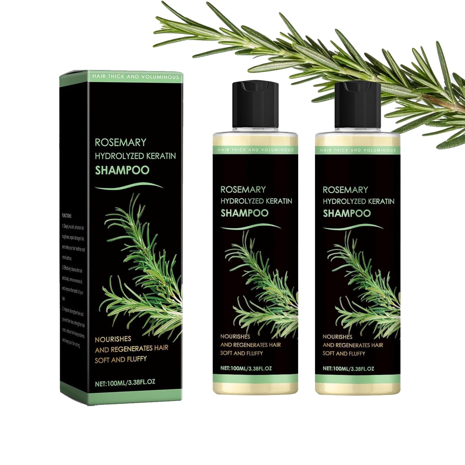 OMULIKJ front packaging showing twin rosemary shampoo bottles, clear benefits