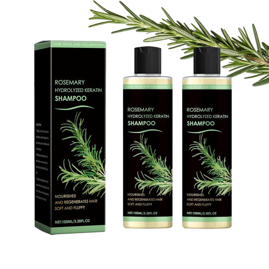 OMULIKJ front packaging showing twin rosemary shampoo bottles, clear benefits