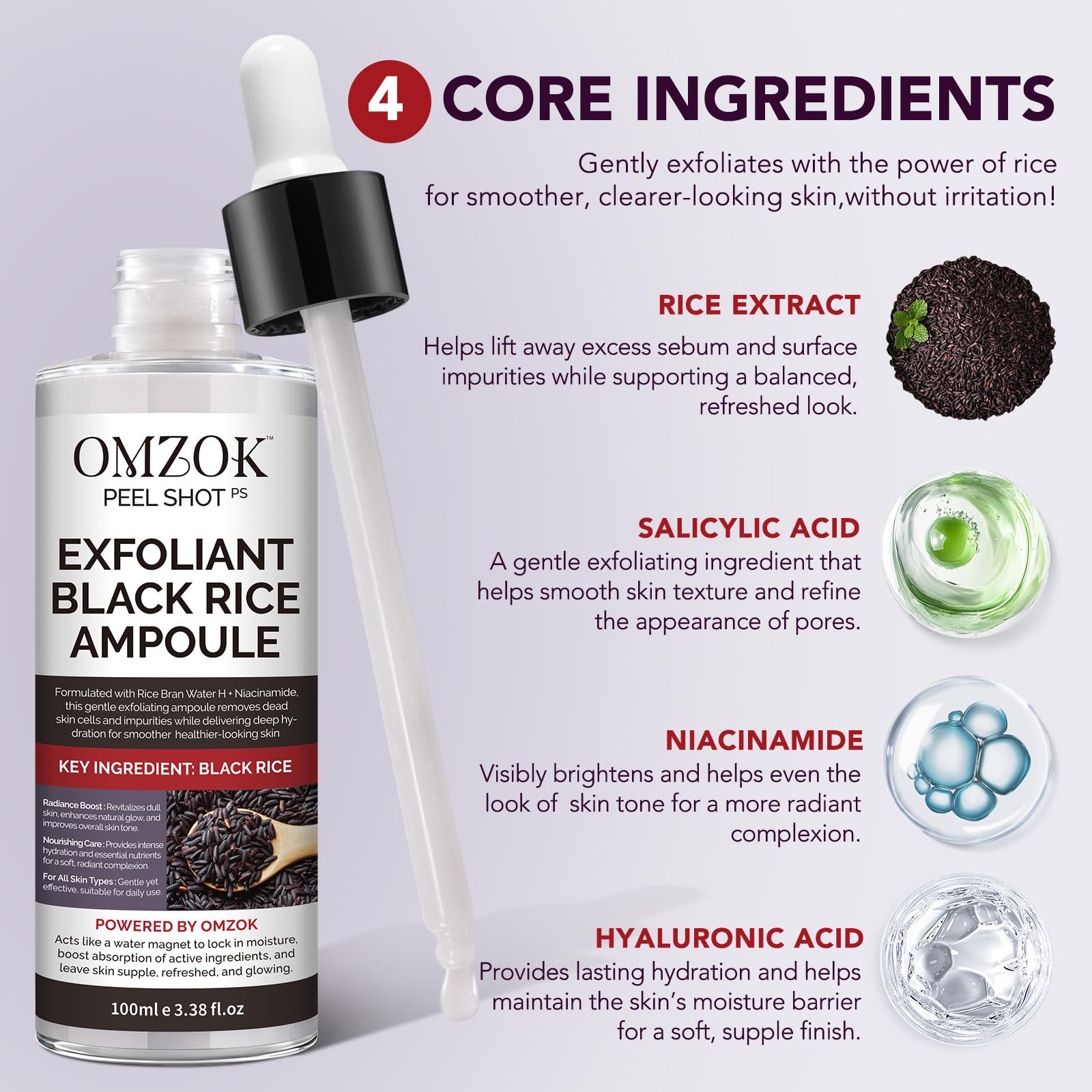 OMZOK ingredient label detail, highlights salicylic acid and hyaluronic acid benefits