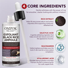 OMZOK ingredient label detail, highlights salicylic acid and hyaluronic acid benefits