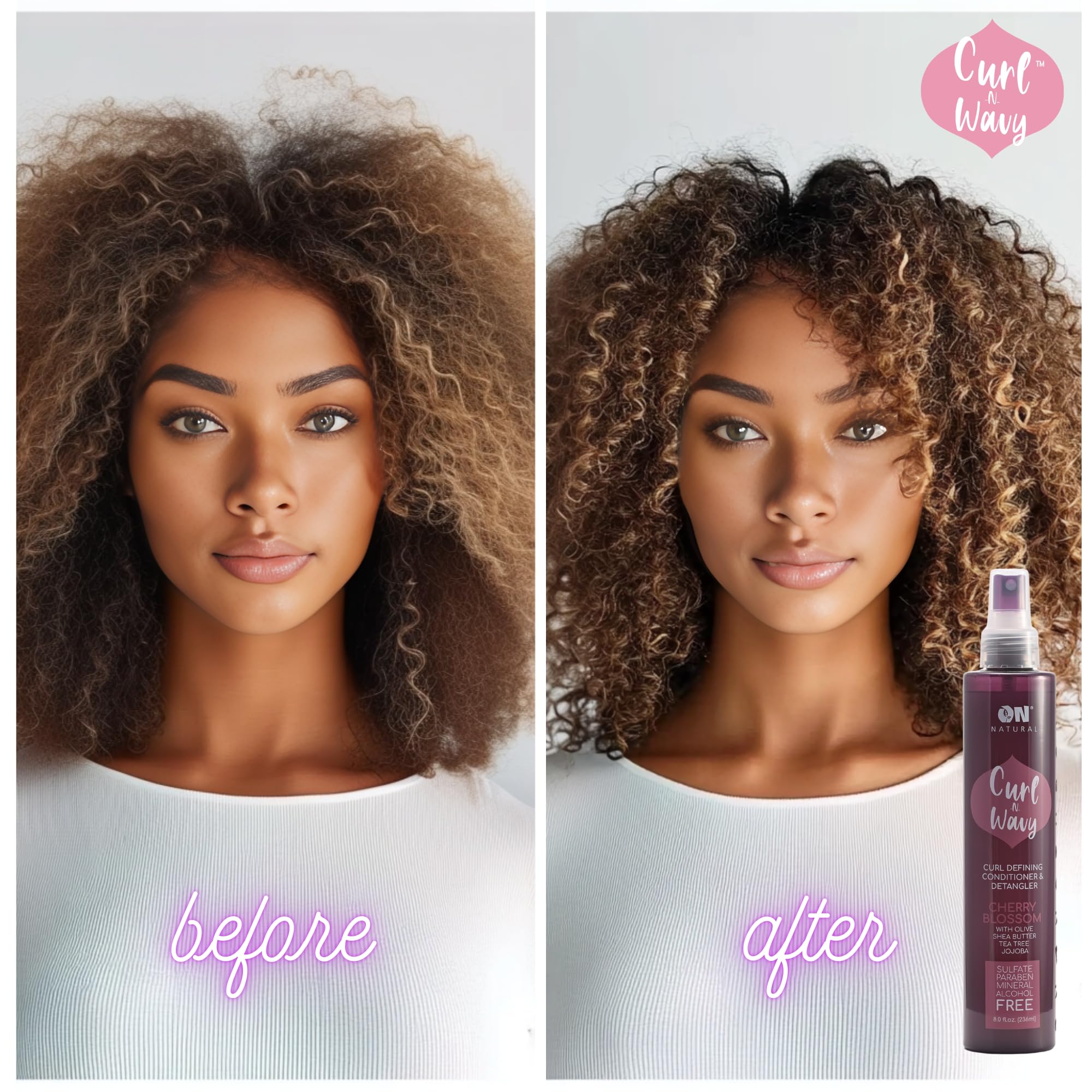 On Natural before and after detangling comparison illustrating smoother hair benefit