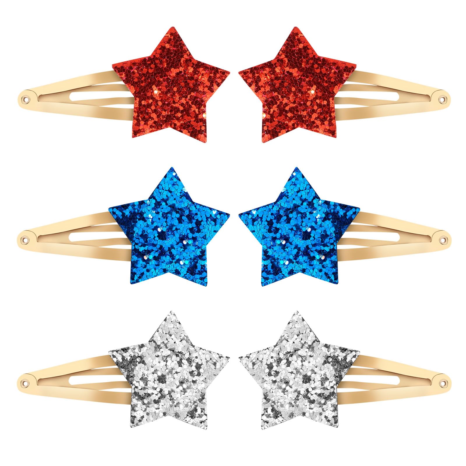 Ondder front view of six glitter star clips showing red blue silver sparkle and festive appeal