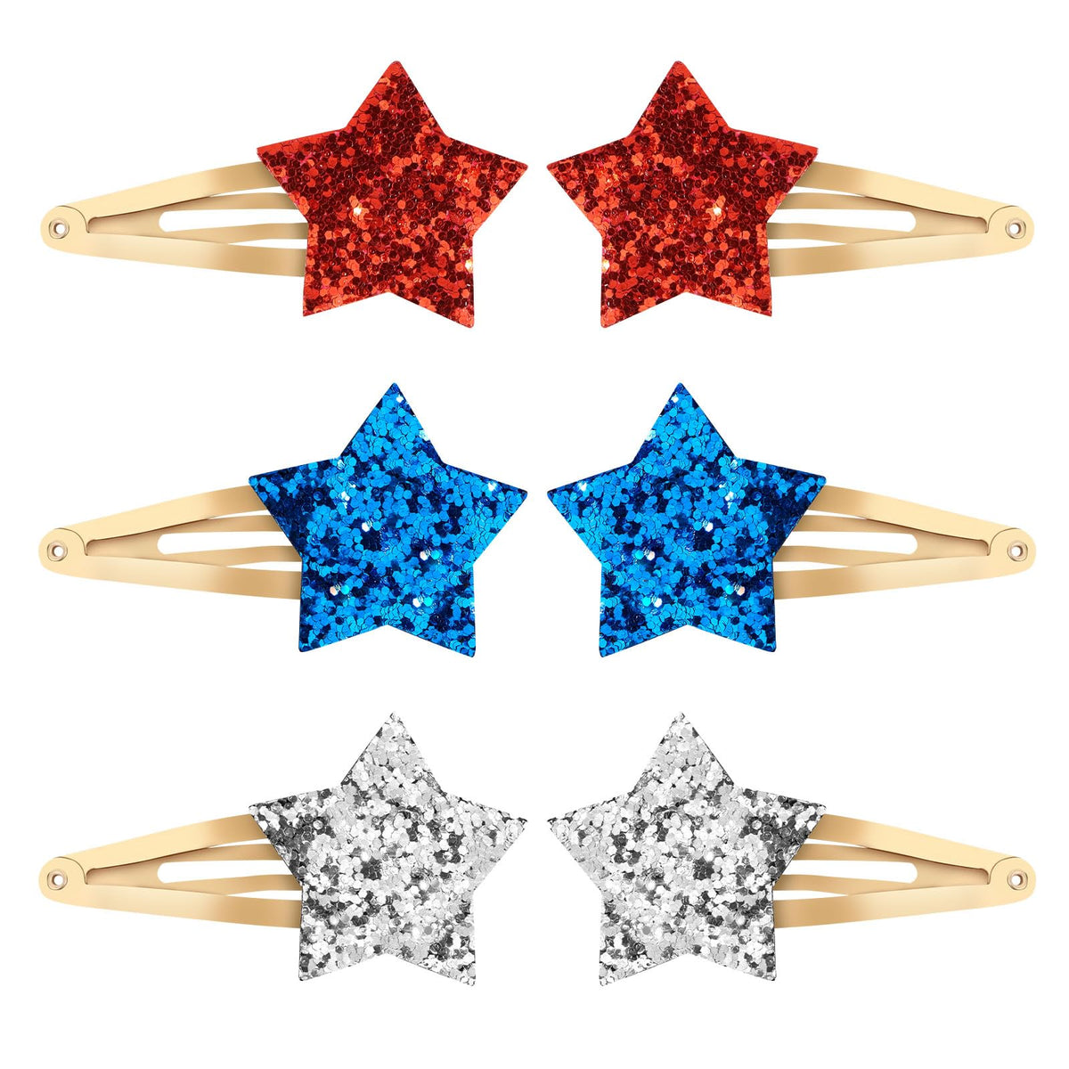 Ondder front view of six glitter star clips showing red blue silver sparkle and festive appeal