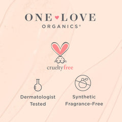 One Love Organics on bathroom vanity in lifestyle setting conveying calm skincare ritual benefit