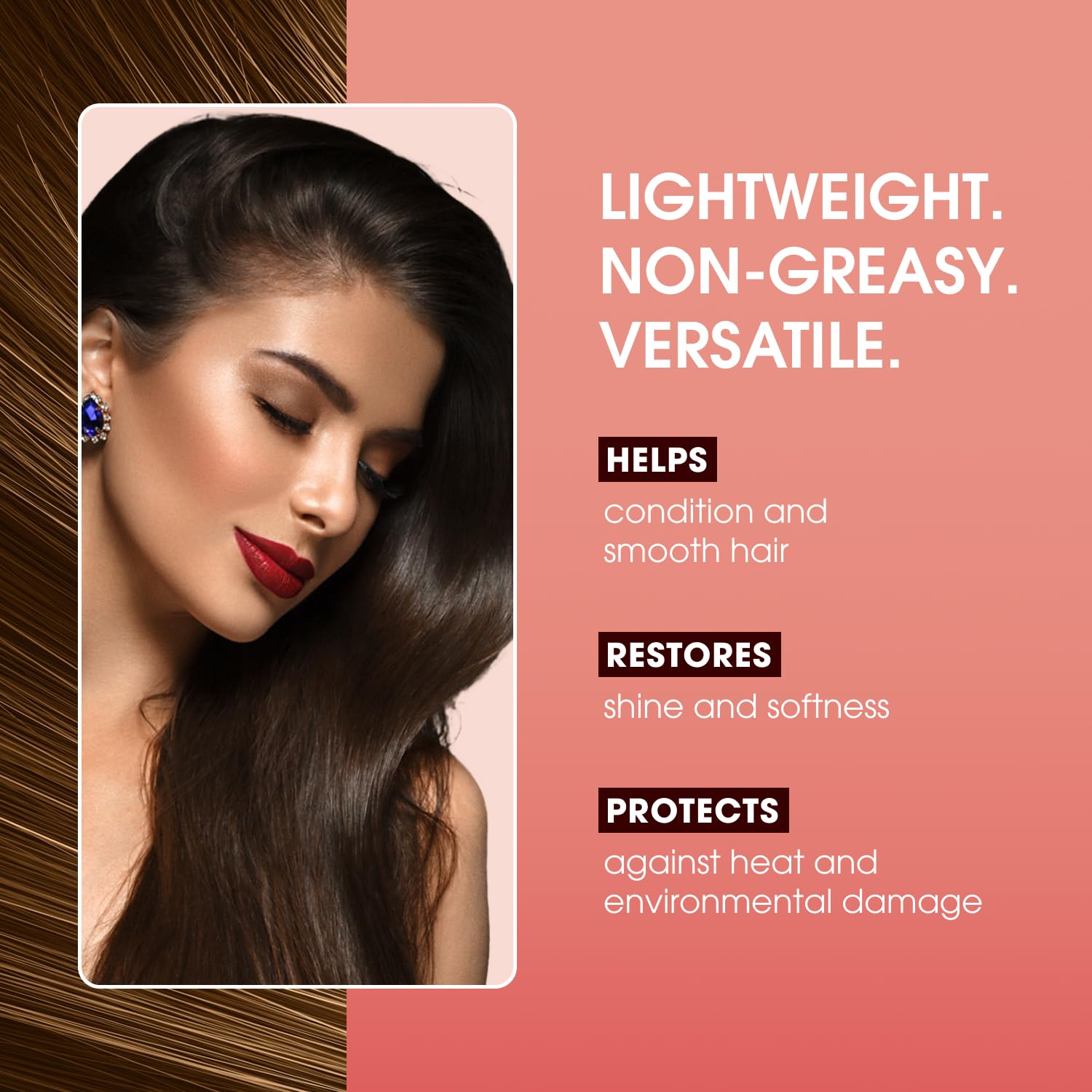 Finished sleek dry hair after One 'n Only oil for visible shine and reduced flyaways