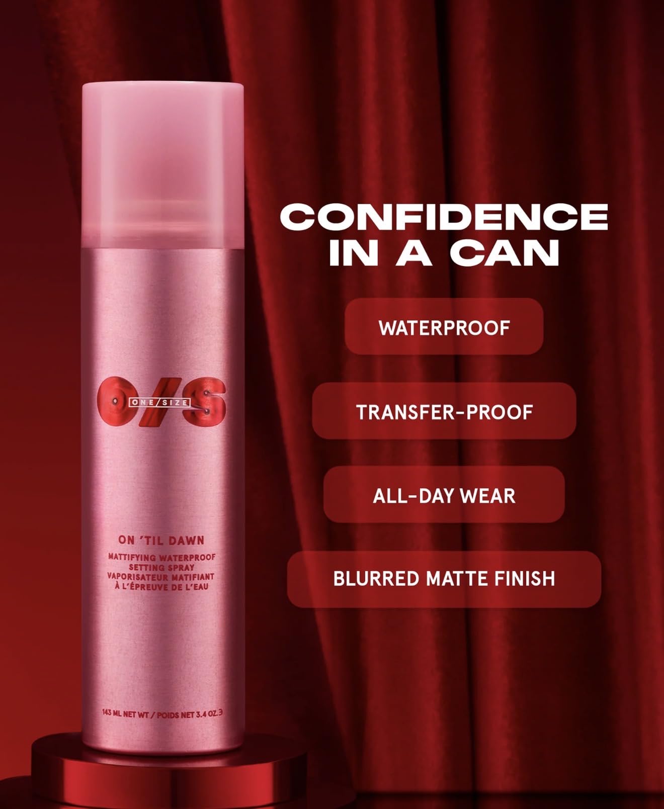 One Size back label with ingredients list highlighting waterproof claim benefits