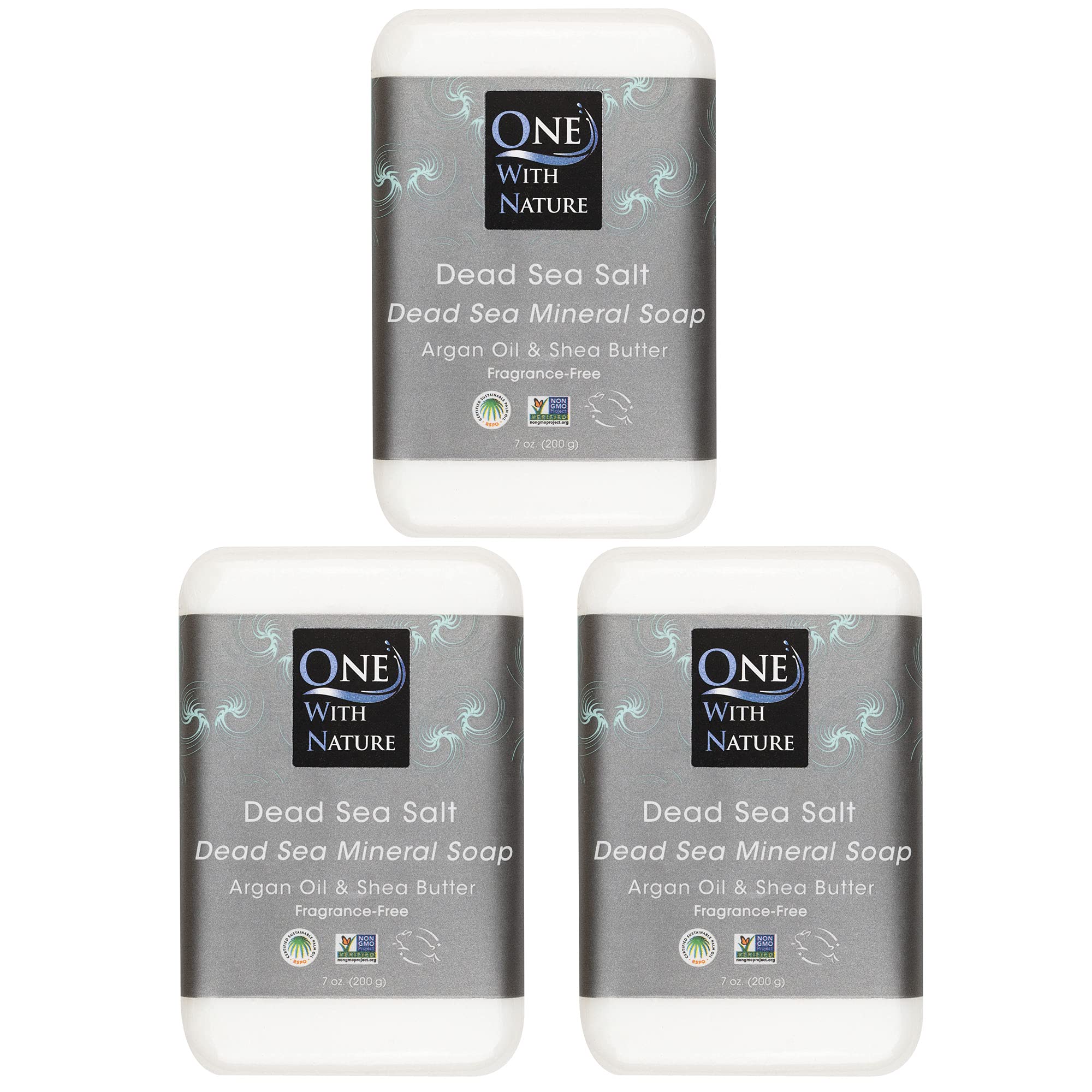 One With Nature front packaging of 3-pack Dead Sea salt soap, clear branding and benefits