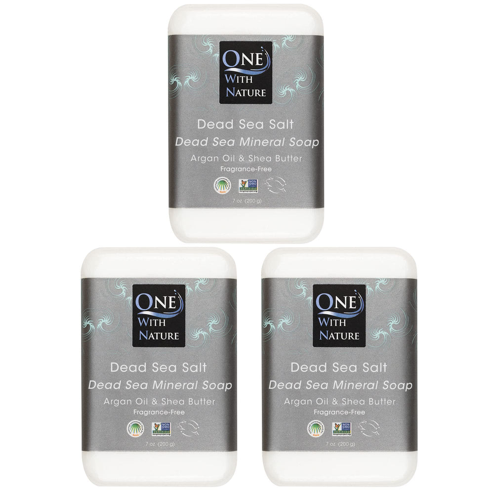 One With Nature front packaging of 3-pack Dead Sea salt soap, clear branding and benefits