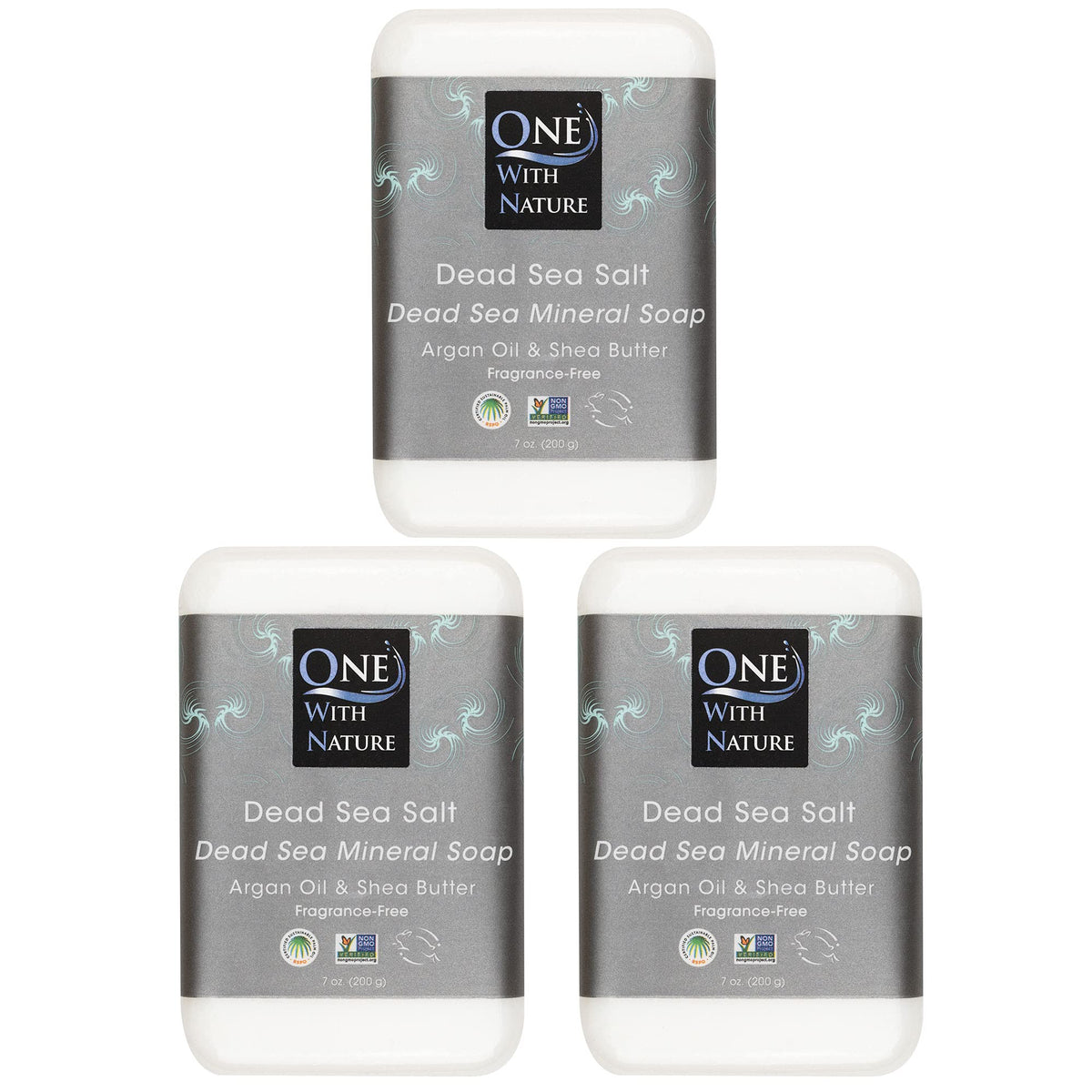One With Nature front packaging of 3-pack Dead Sea salt soap, clear branding and benefits