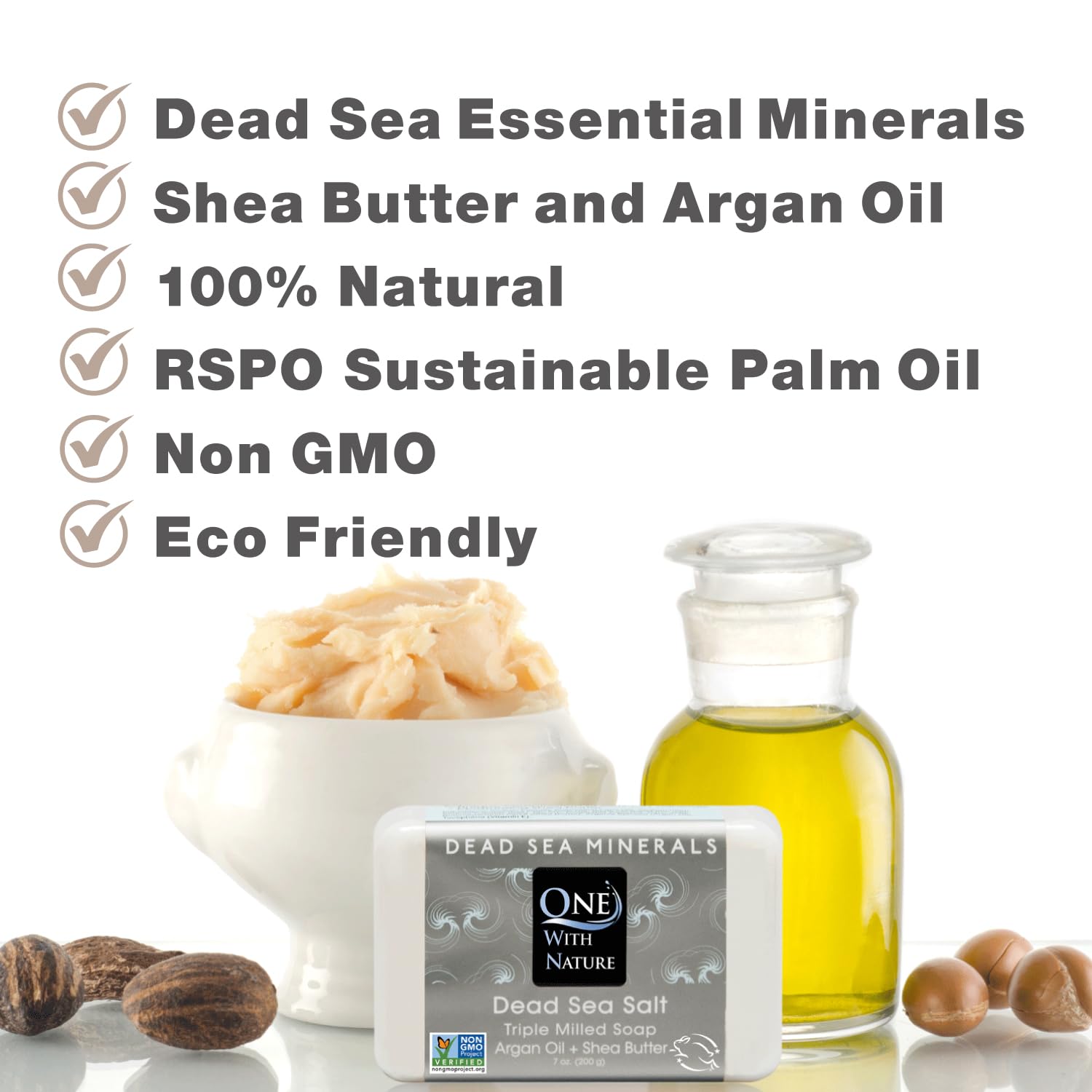 One With Nature soap surrounded by shea butter and argan oil to highlight nourishing ingredients
