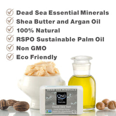 One With Nature soap surrounded by shea butter and argan oil to highlight nourishing ingredients