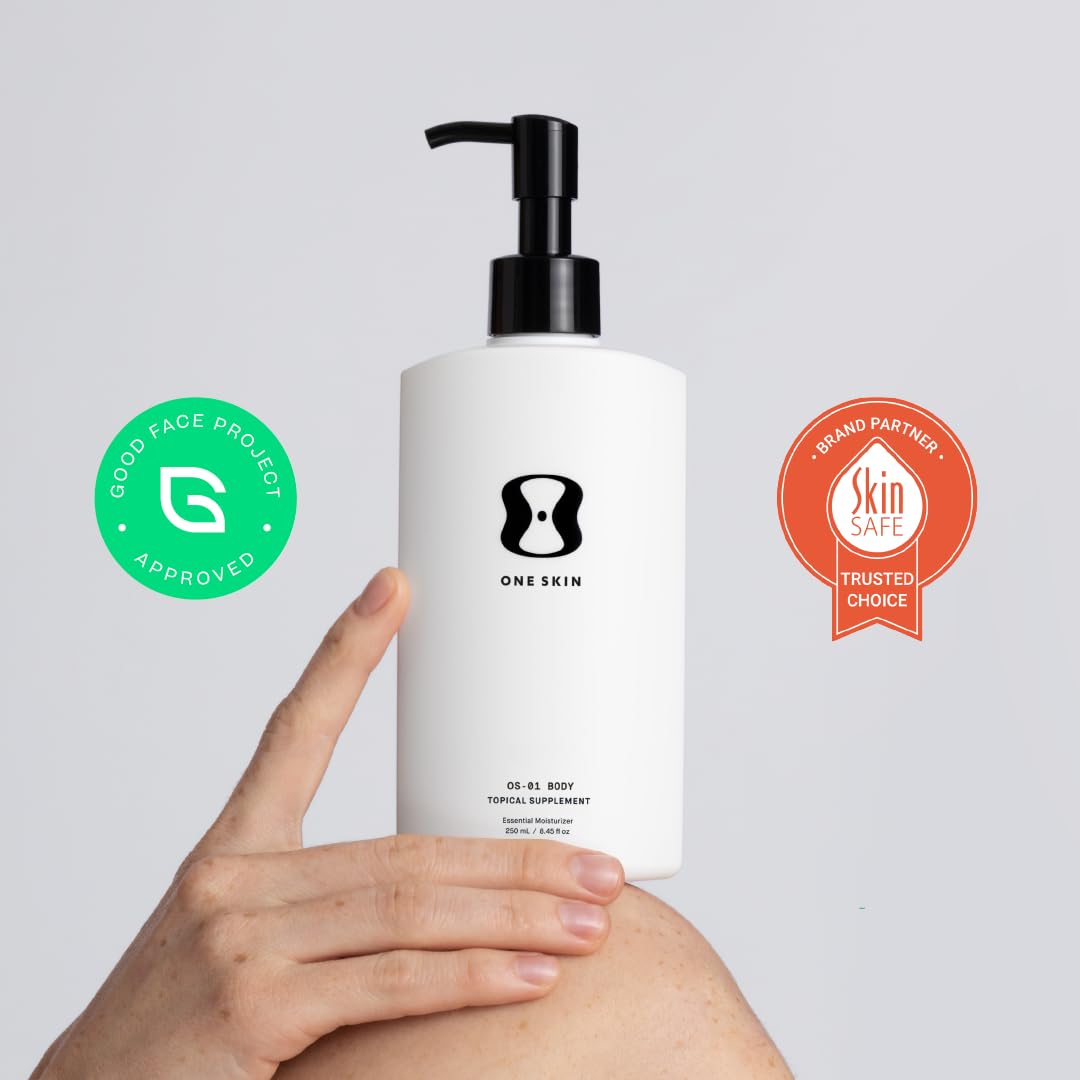 oneskin BODY OS-01 on bathroom shelf styled for daily routine and convenient everyday use benefit