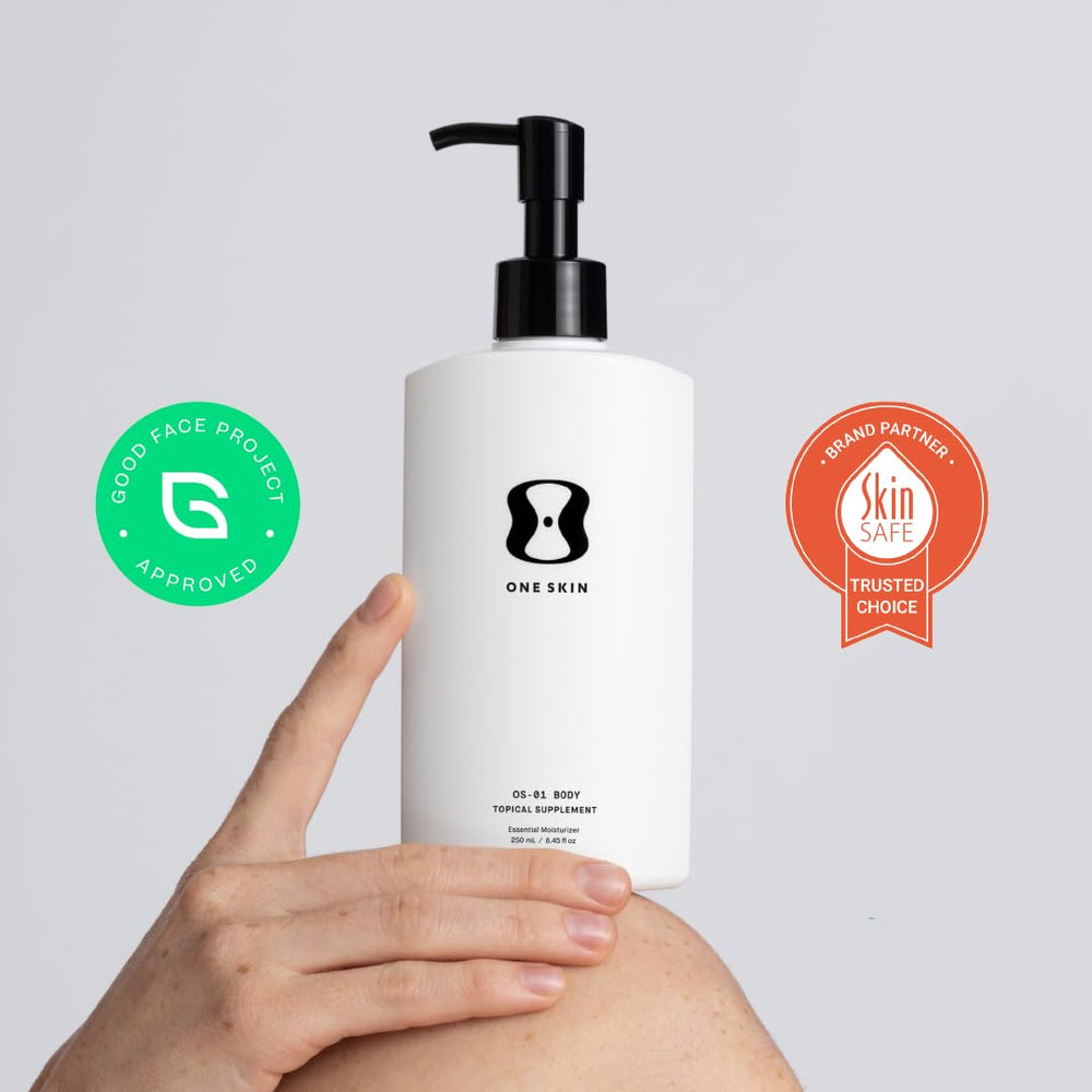oneskin BODY OS-01 on bathroom shelf styled for daily routine and convenient everyday use benefit