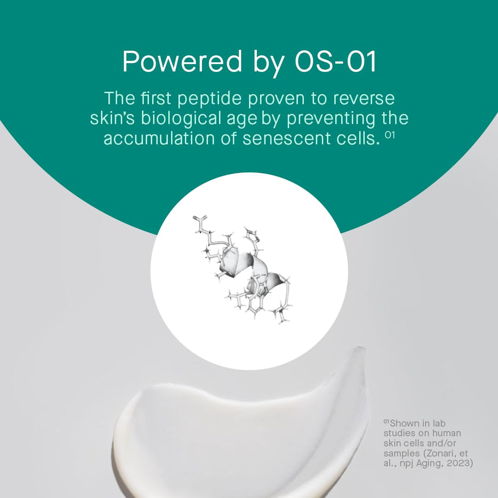 Vial of OS-01 peptide beside product illustrating science-backed formulation benefit