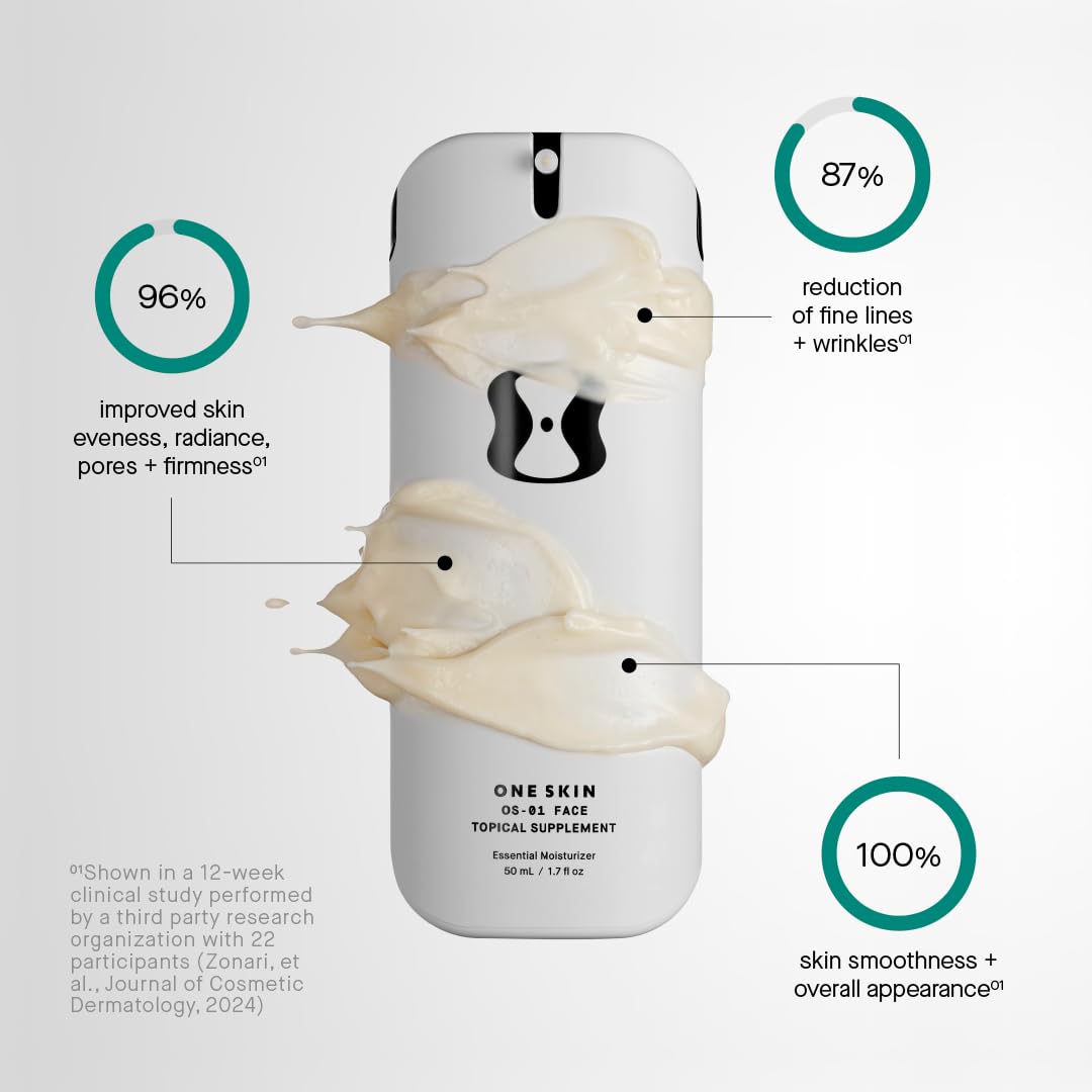 OneSkin pump detail highlighting hygienic dispensing and precise dosing benefit
