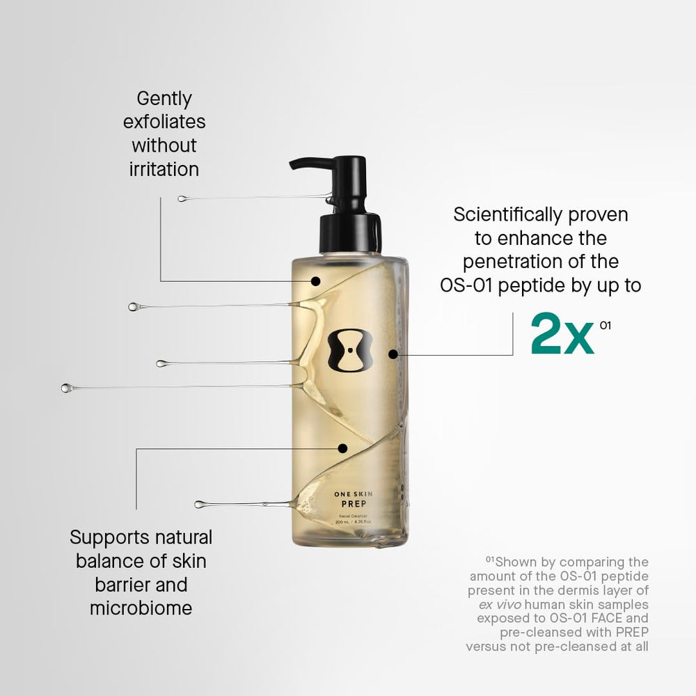 oneskin PREP pump and label highlighting ingredient clarity and safe use benefit