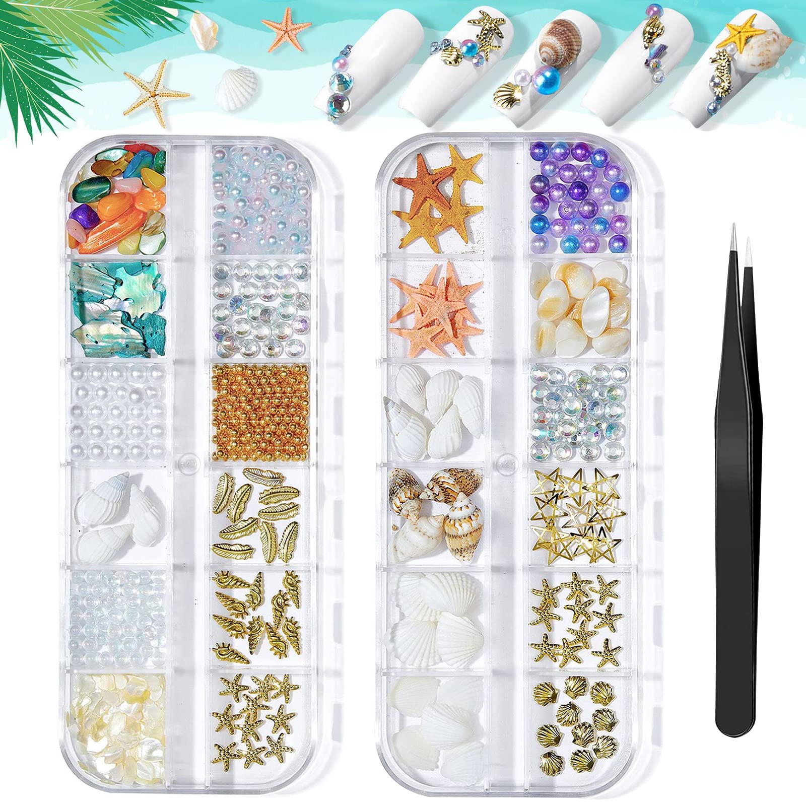 ONEUPIN front packaging showing ocean-theme nail charms and clear case for easy selection