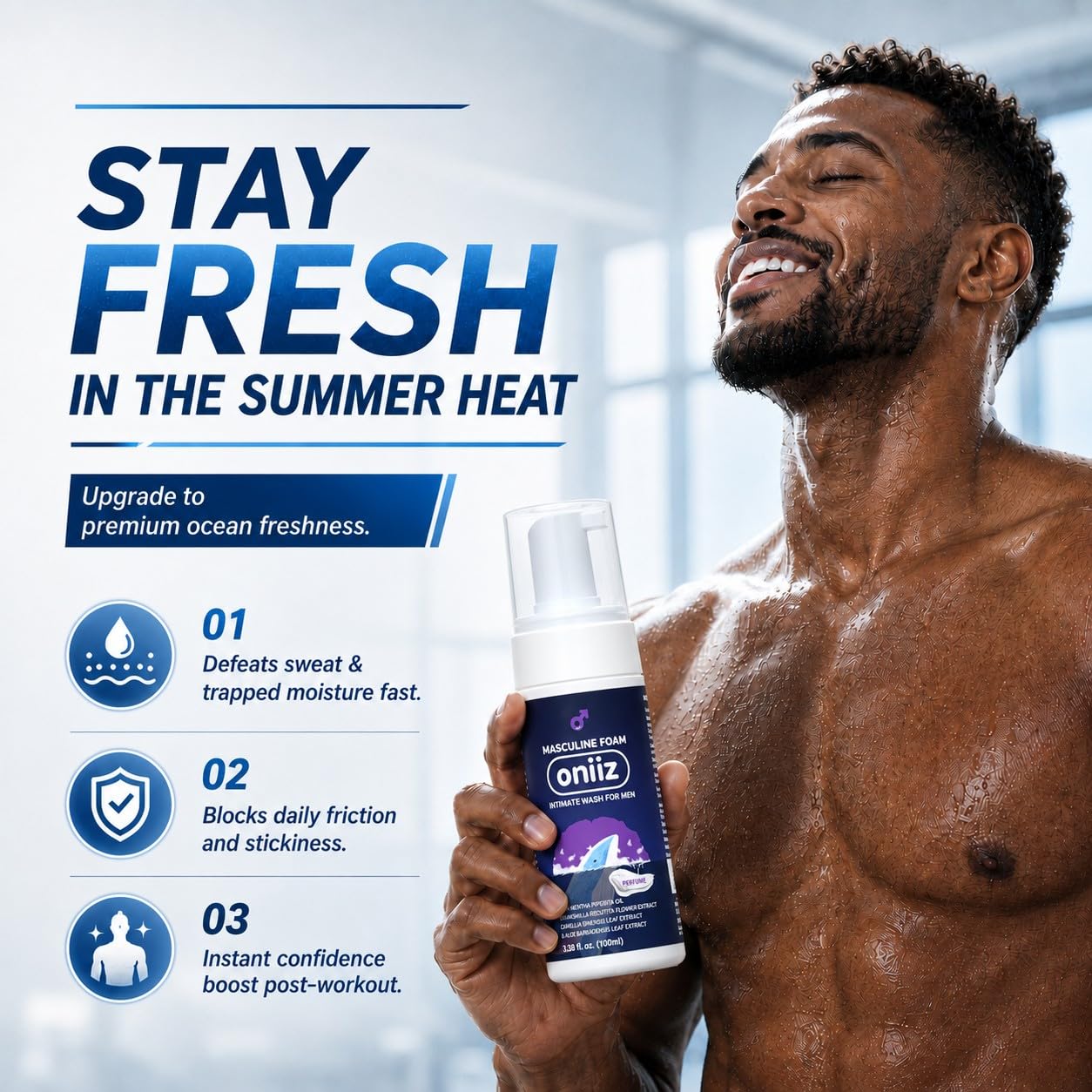 ONIIZ pump dispensing light foam demonstrating quick lather benefit