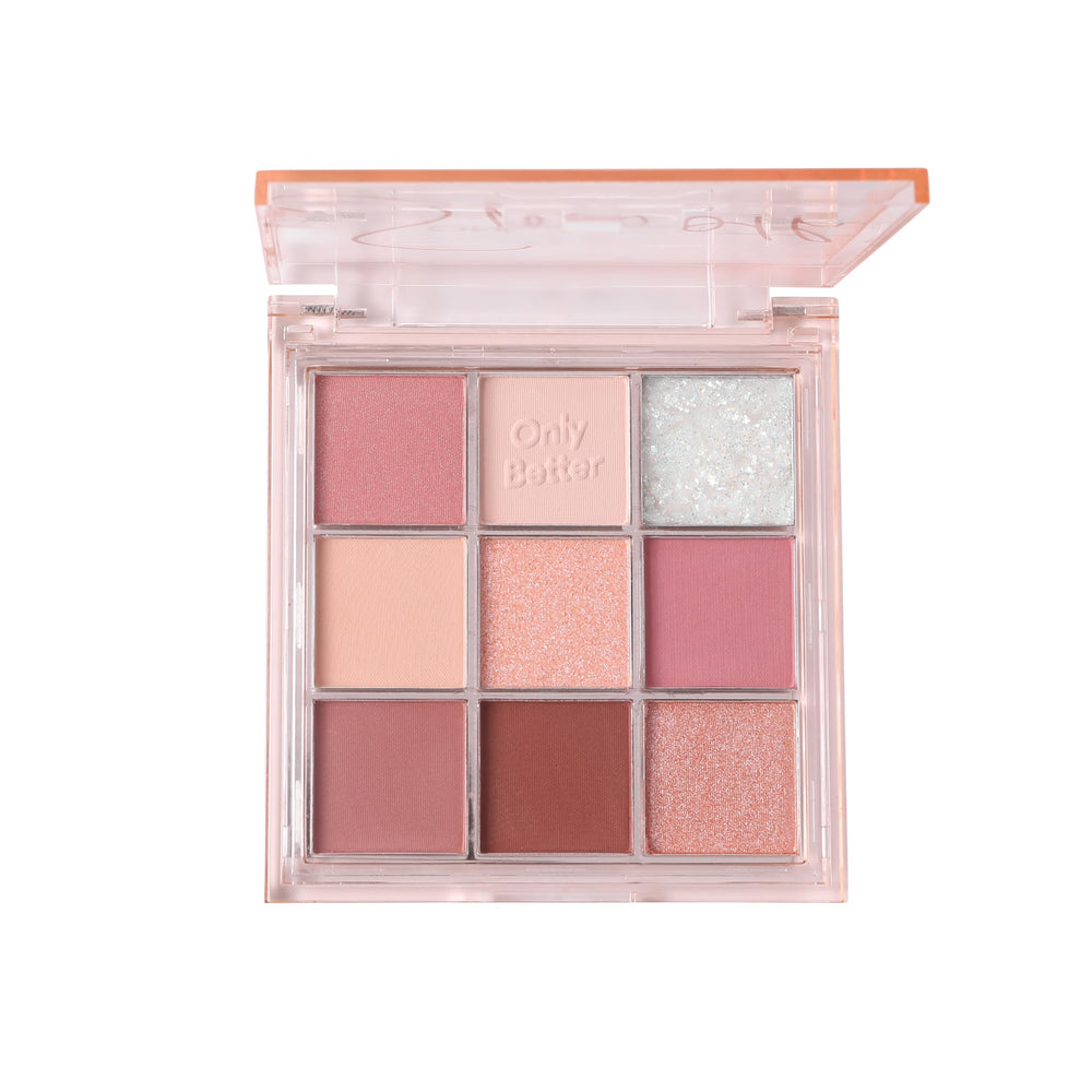 ONLYBETTER palette front open showing all nine shades and versatile finishes