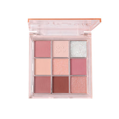 ONLYBETTER palette front open showing all nine shades and versatile finishes