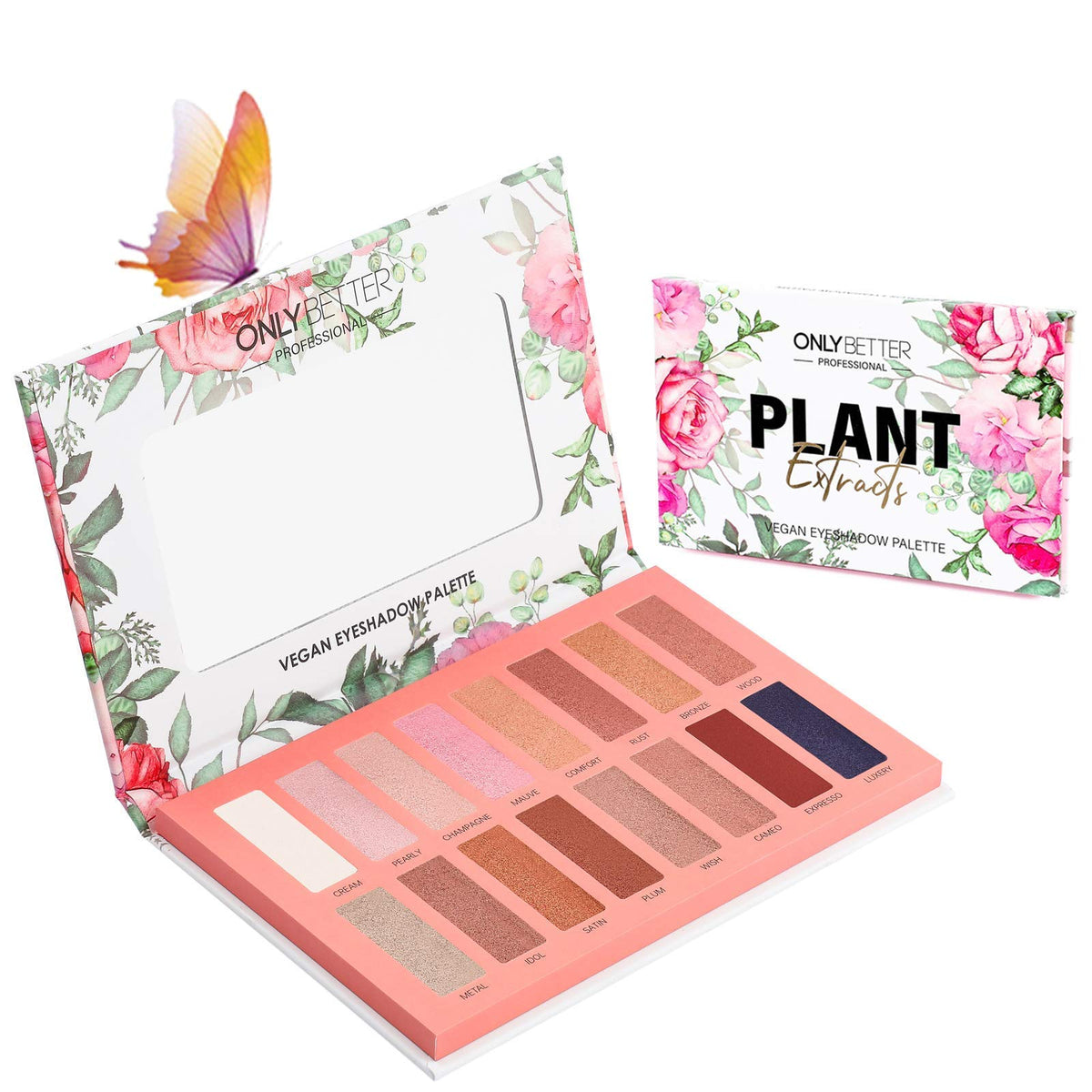 ONLYBETTER palette front view showing 16 shades and sleek case for travel