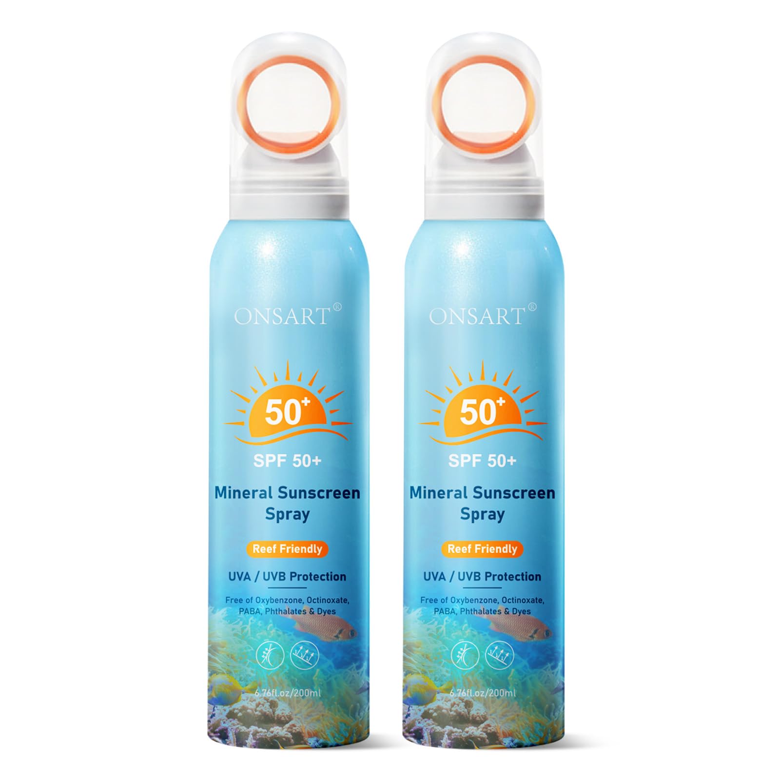 ONSART front packaging showing two travel cans and SPF 50+ protection