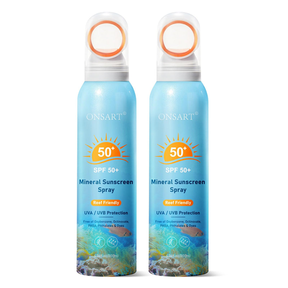 ONSART front packaging showing two travel cans and SPF 50+ protection