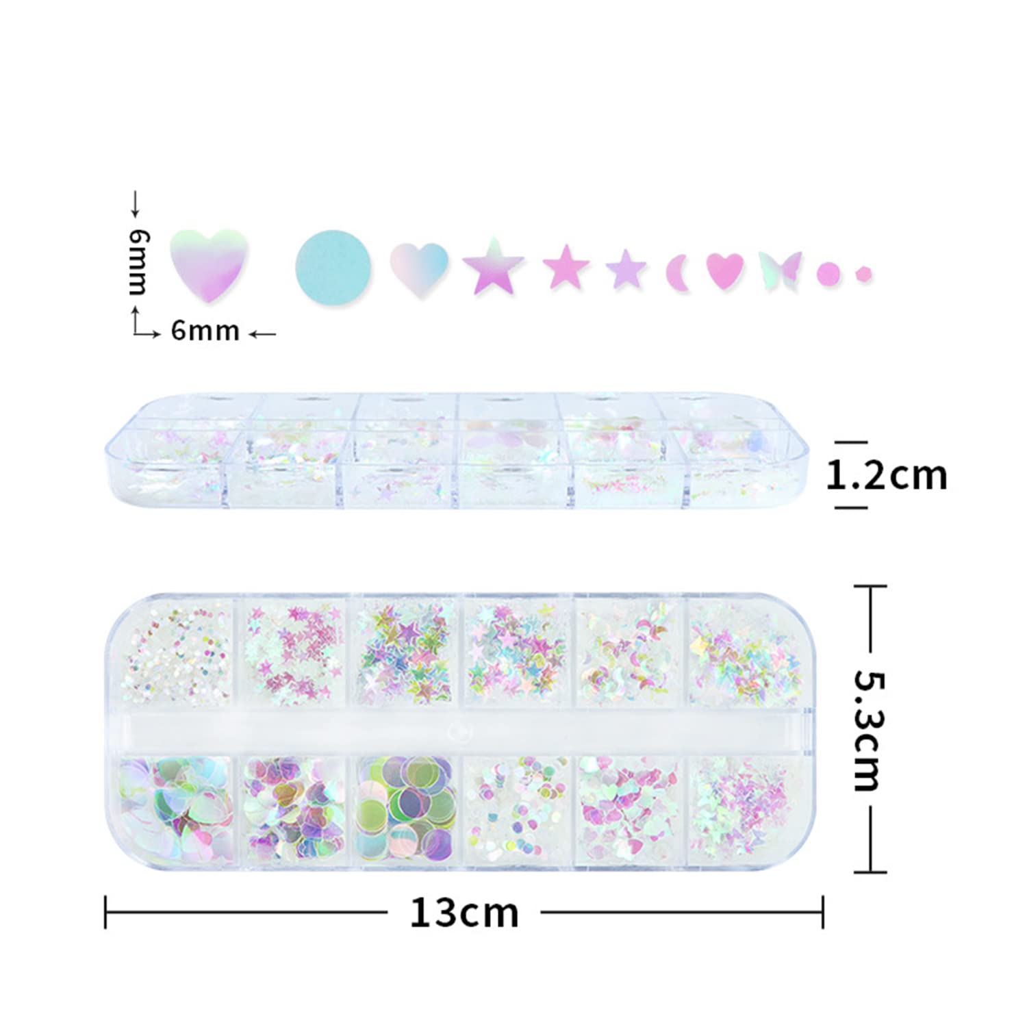 Onsdag glitter slices on fingers to show scale and subtle dimensional shine