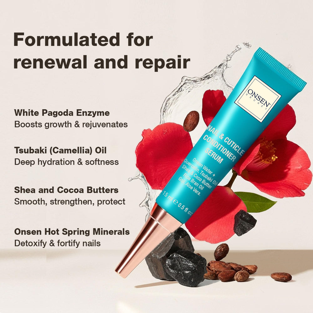 Onsen Secret tsubaki and jojoba oils in bottles, highlights nourishing botanical blend
