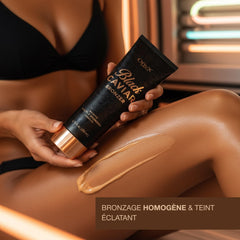 Onyx post-tan skin showing deeper bronze and hydrated finish benefit