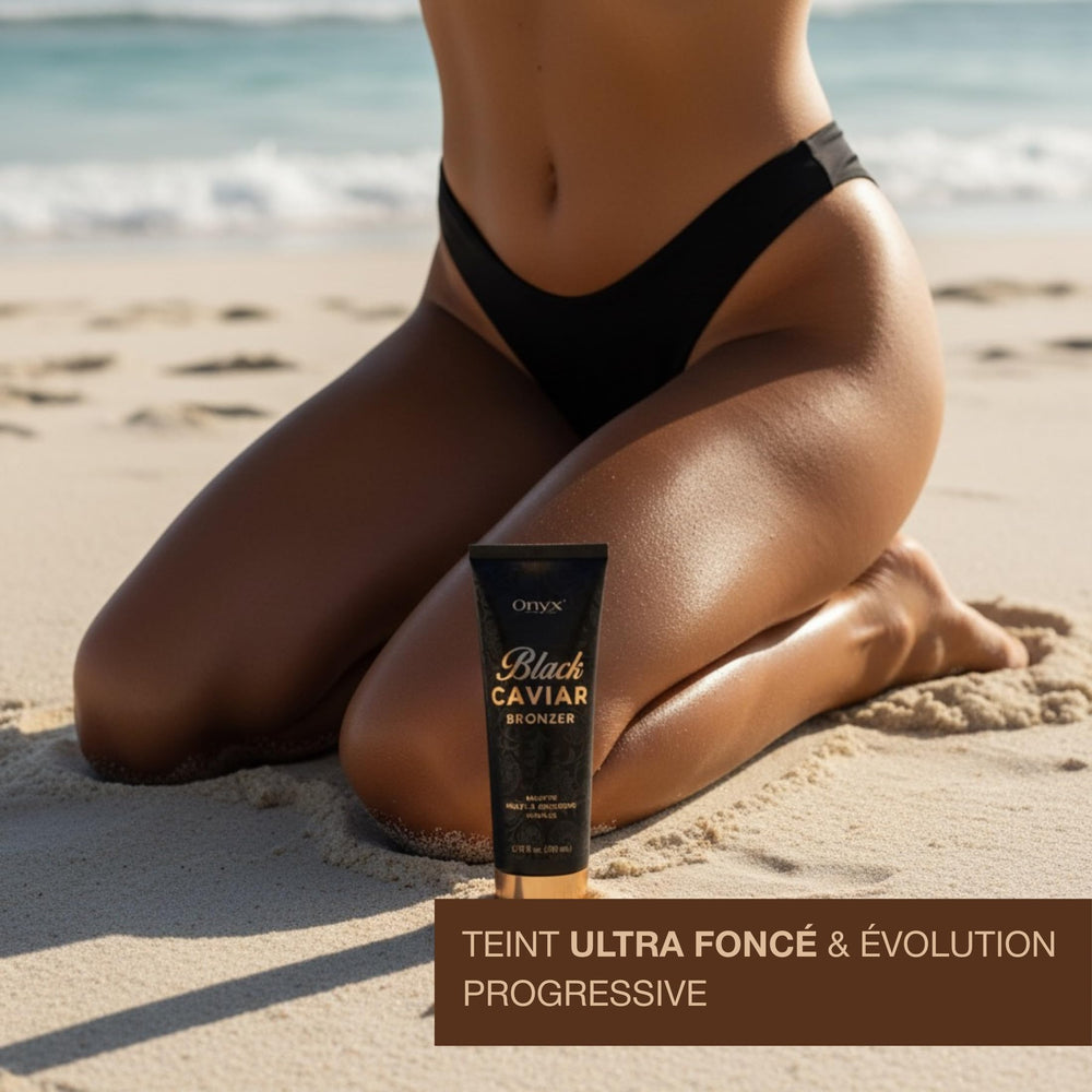 Onyx label close-up highlighting bronzer and accelerator ingredients benefit