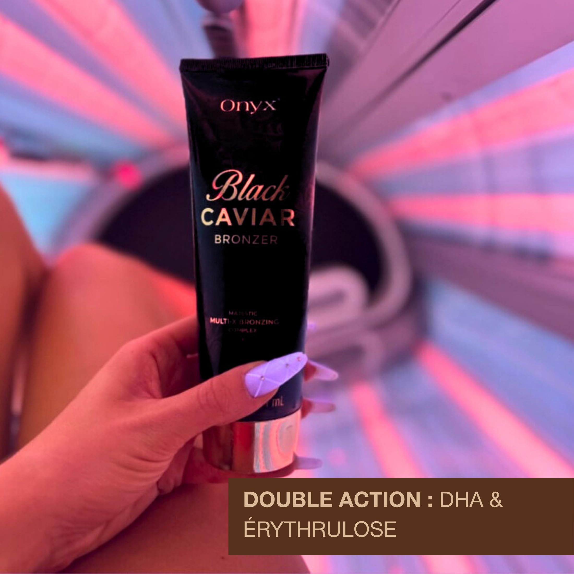 Onyx lotion spread on forearm demonstrating streak-free, even color benefit
