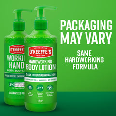 O'Keeffe's pump bottle on bathroom counter suggesting daily routine use