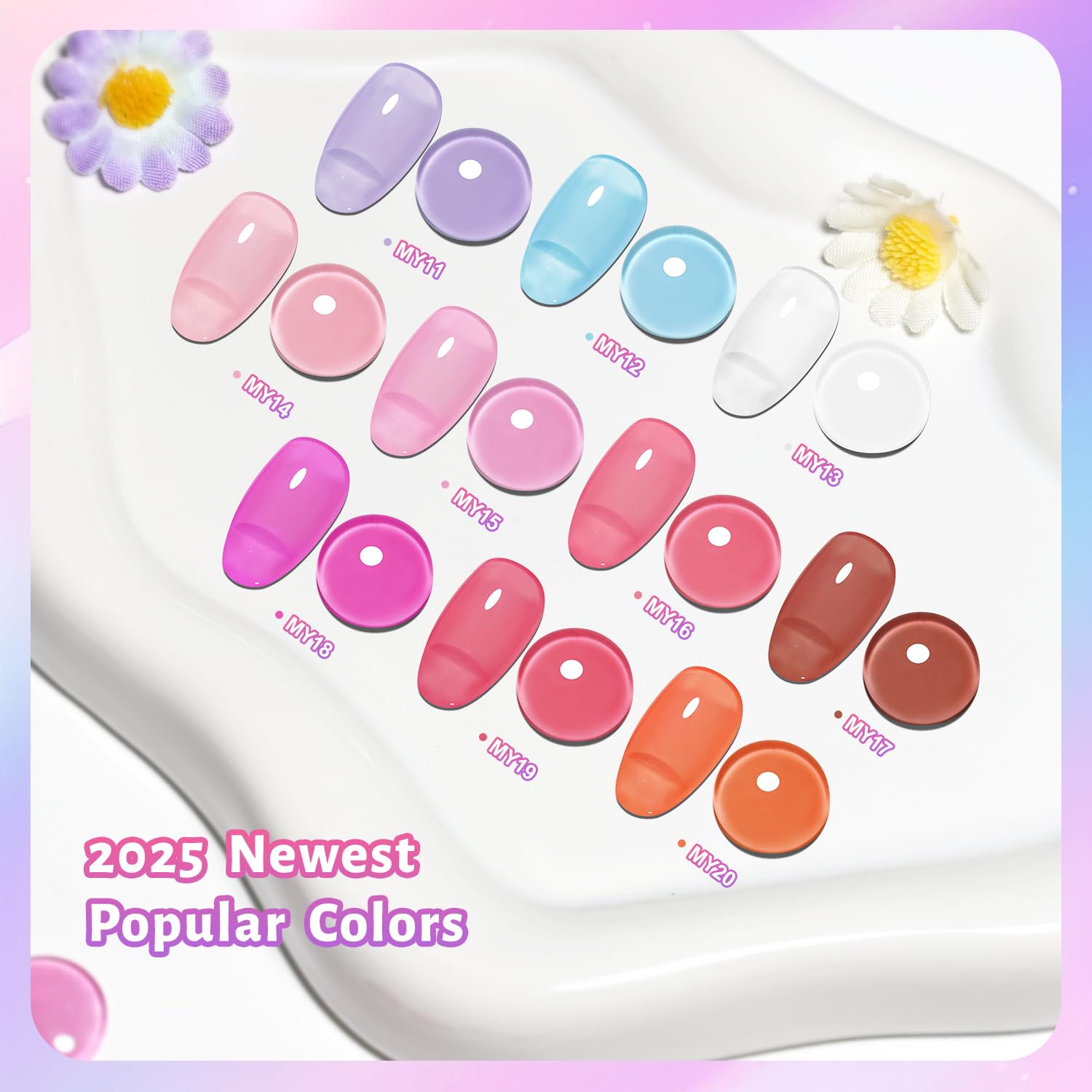 OpenLive spread of ten jelly nail polish colors arranged to show translucent gradients