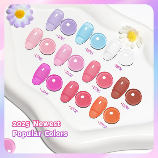 OpenLive spread of ten jelly nail polish colors arranged to show translucent gradients