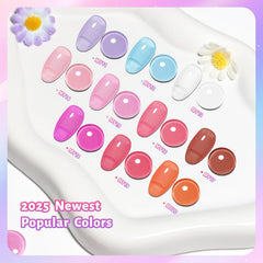 OpenLive spread of ten jelly nail polish colors arranged to show translucent gradients
