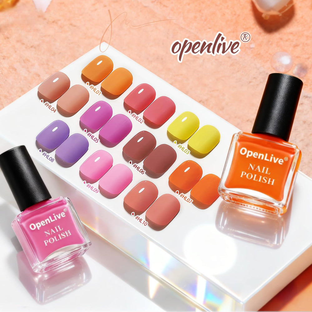 OpenLive ten color polishes flatlay illustrating coordinated autumn palette