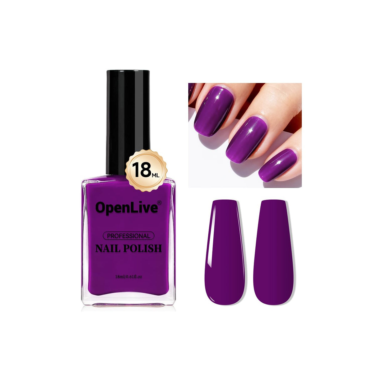 OpenLive 18ml bottle front view showing rich purple color and glossy finish