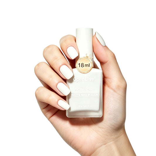 OpenLive bottle front view showing matte white polish and label benefit quick finish