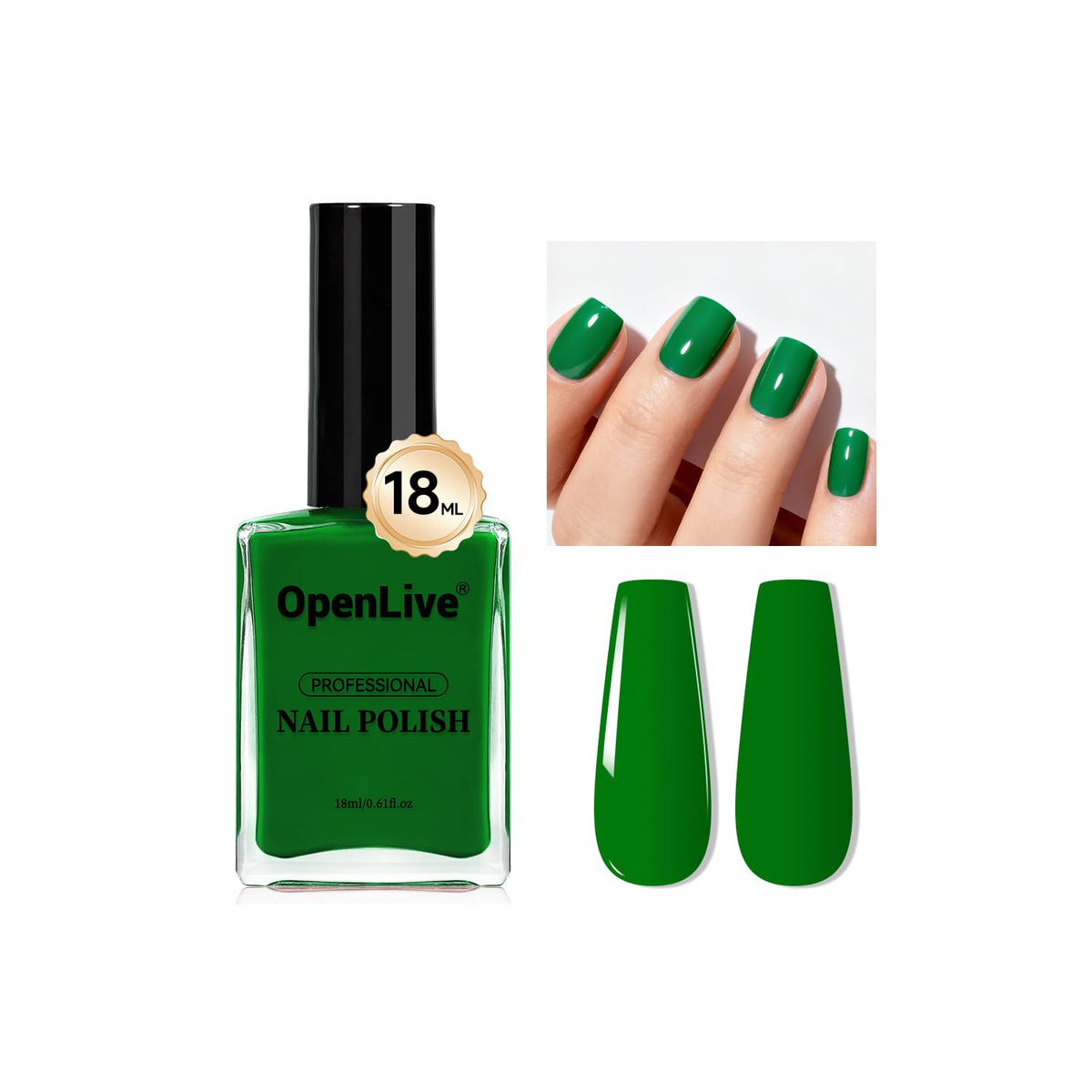 OpenLive dark green front bottle showing rich color and glossy finish benefit