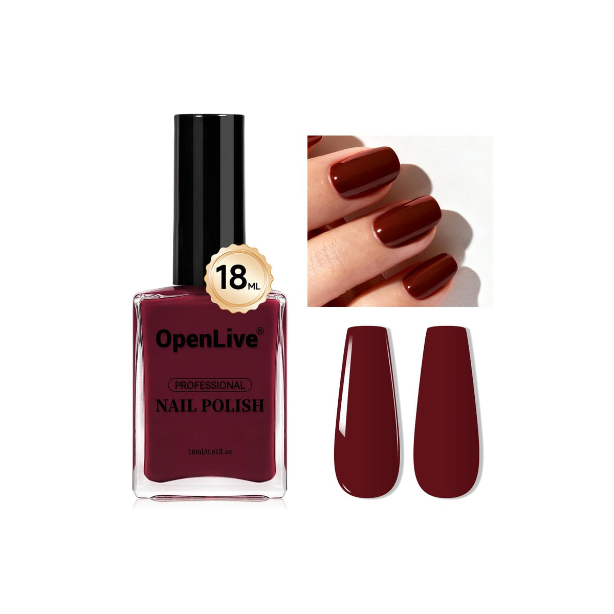 OpenLive bottle front view showing deep red shade and elegant finish