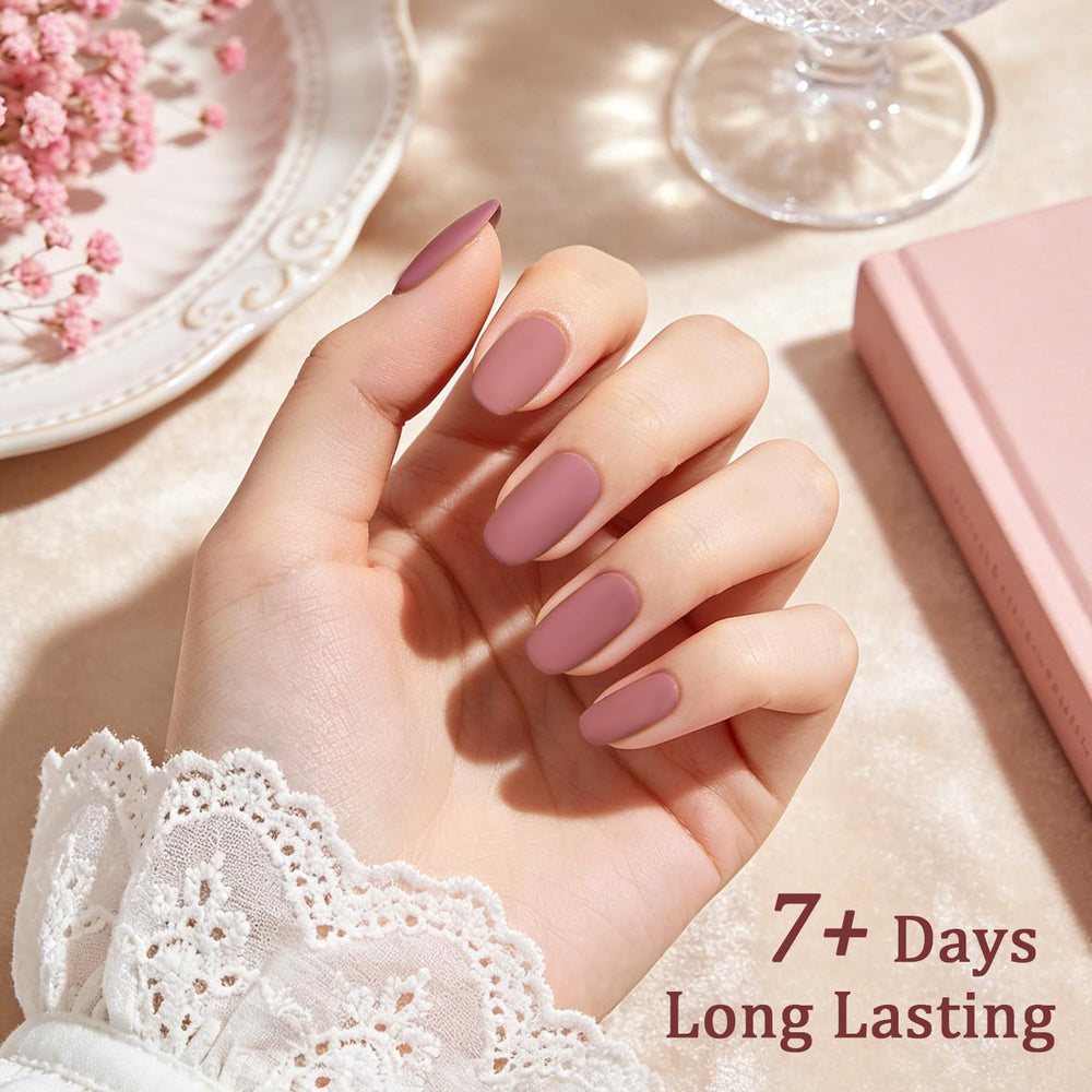 OpenLive polish on model nails showing muted dusty rose elegance