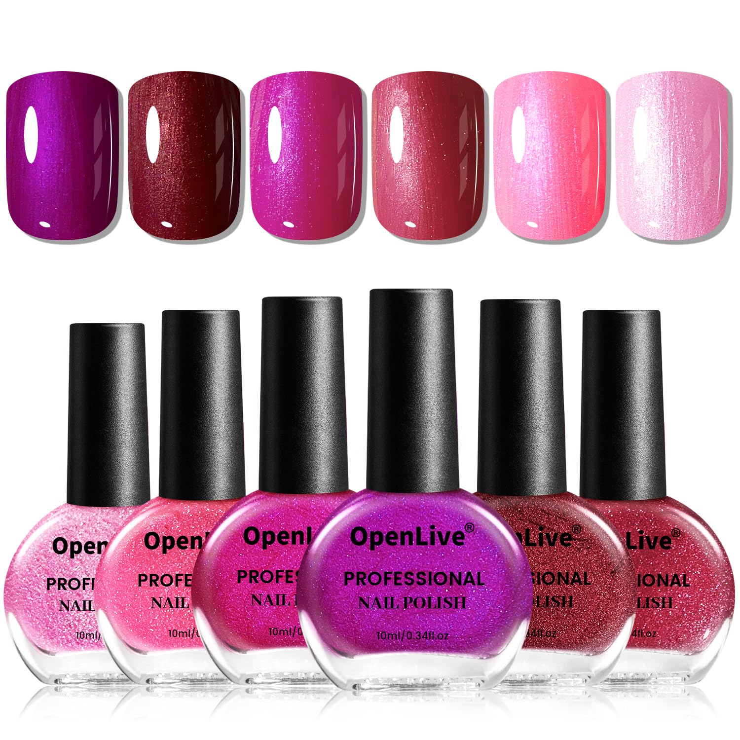 OpenLive front packaging showing six 10ml glitter polish bottles and color variety