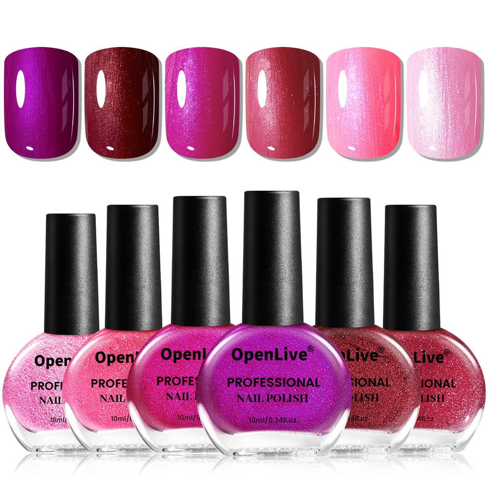 OpenLive front packaging showing six 10ml glitter polish bottles and color variety
