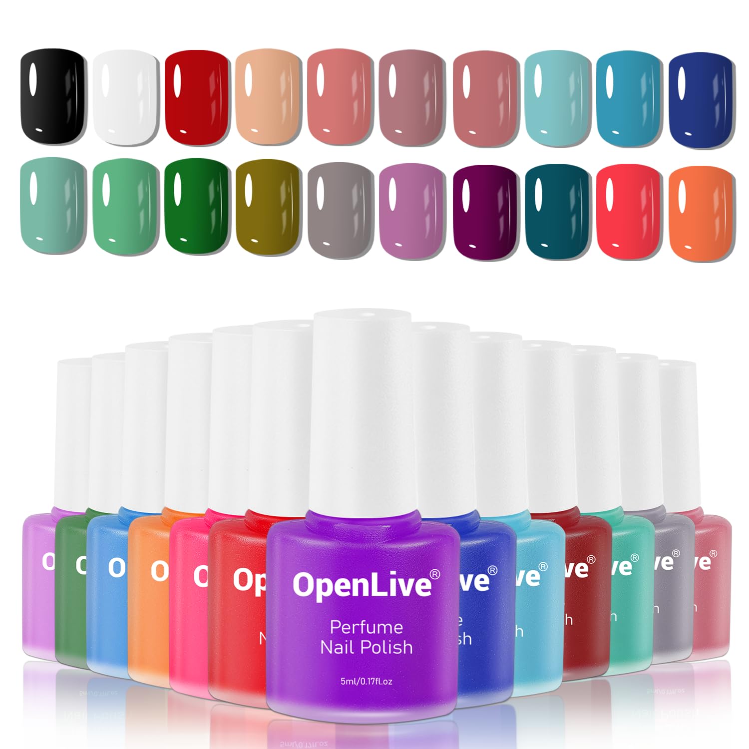 OpenLive front packaging showing 20 color bottles and included perfume scent benefits